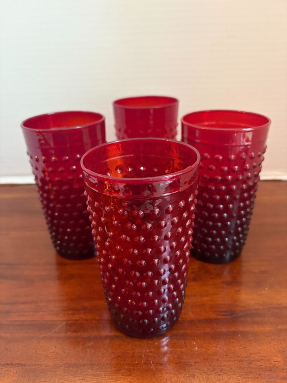 Vintage Ruby-Red 6" Hobnail Patterned Drinking Glasses (Qty. 4)